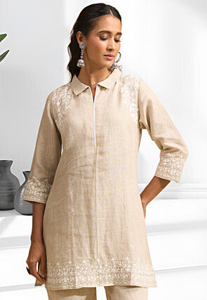 Embroidered Linen Tunic Set in Beige