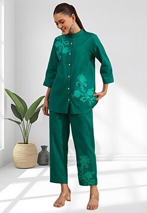 Embroidered Linen Tunic Set in Teal Green
