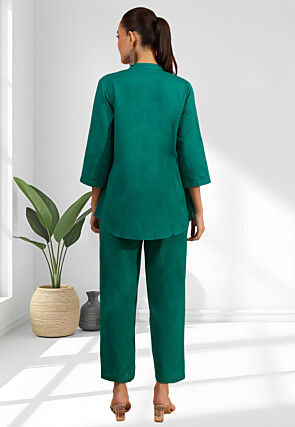 Embroidered Linen Tunic Set in Teal Green