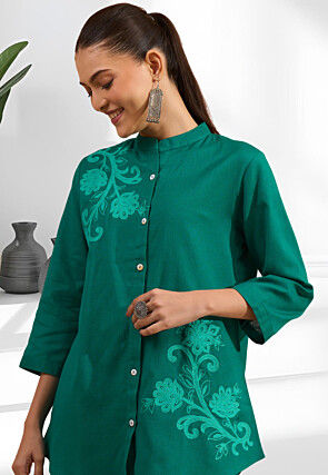 Embroidered Linen Tunic Set in Teal Green