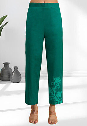 Embroidered Linen Tunic Set in Teal Green