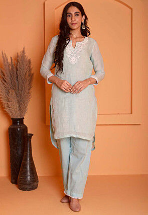 Embroidered Linen High Low Kurta Set in Light Blue