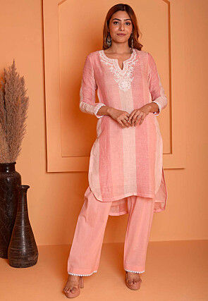 Embroidered Linen High Low Kurta Set in Peach