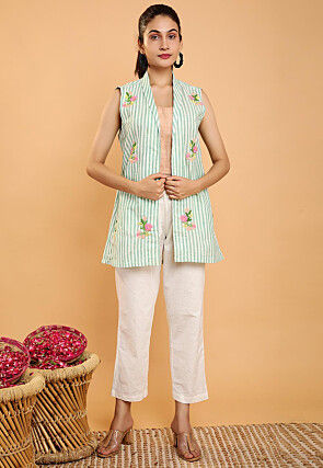 Embroidered Linen Jacket Set in Light Green and White