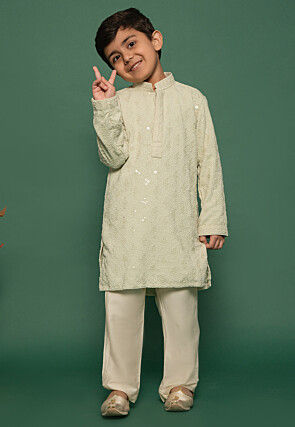 Embroidered Linen Kurta Set in Light Green