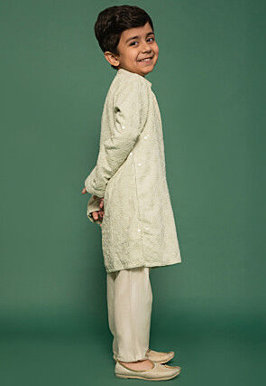 Embroidered Linen Kurta Set in Light Green