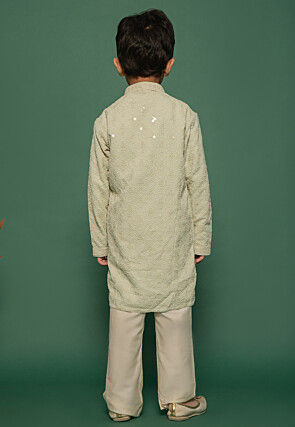 Embroidered Linen Kurta Set in Light Green