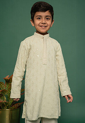 Embroidered Linen Kurta Set in Light Green