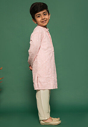 Embroidered Linen Kurta Set in Light Pink