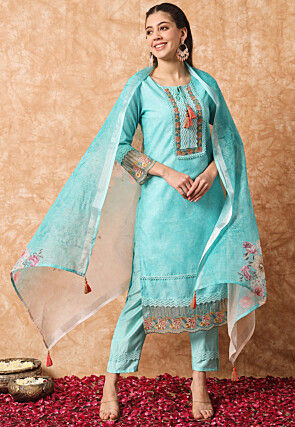 Embroidered Linen Pakistani Suit in Sky Blue