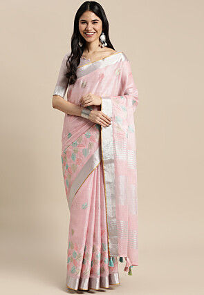 Embroidered Linen Saree in Baby Pink