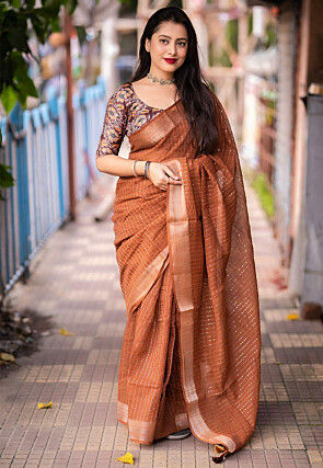 Embroidered Linen Saree in Brown