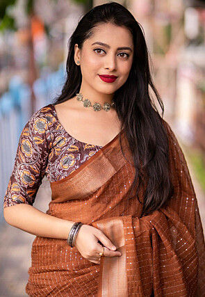Embroidered Linen Saree in Brown
