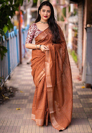 Embroidered Linen Saree in Brown
