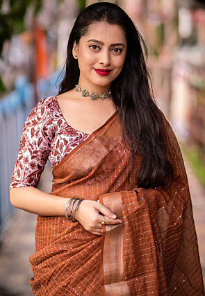 Embroidered Linen Saree in Brown