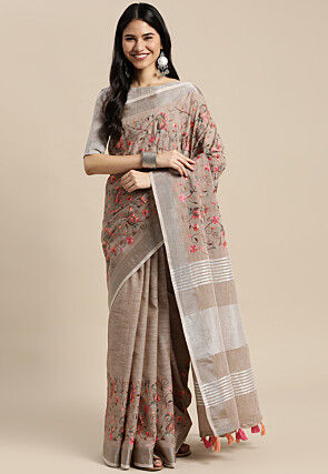 Embroidered Linen Saree in Brown