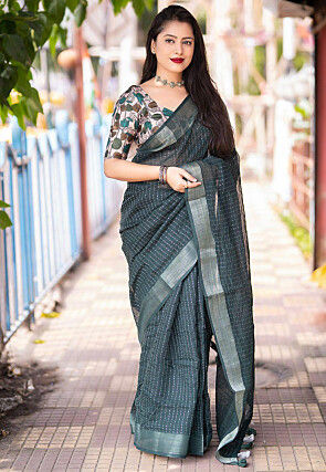 Embroidered Linen Saree in Dark Green