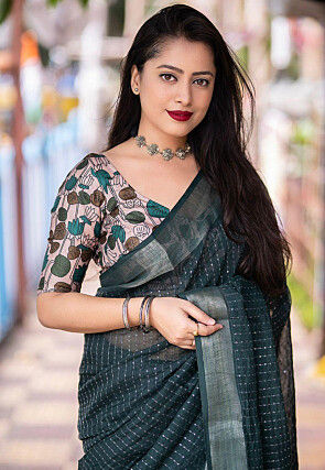 Embroidered Linen Saree in Dark Green