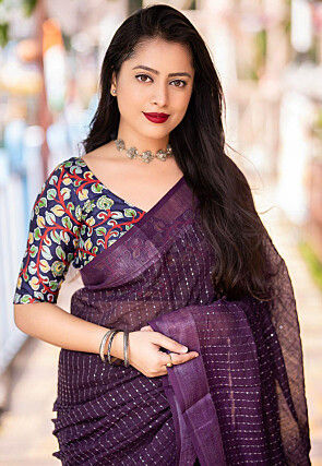 Embroidered Linen Saree in Dark Purple