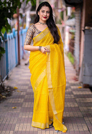Embroidered Linen Saree in Dark Yellow