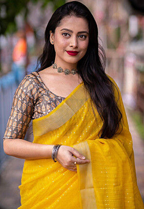 Embroidered Linen Saree in Dark Yellow