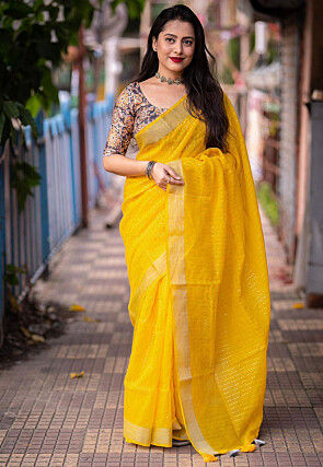 Embroidered Linen Saree in Dark Yellow