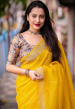 Embroidered Linen Saree in Dark Yellow