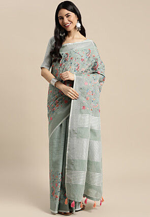 Embroidered Linen Saree in Dusty Green
