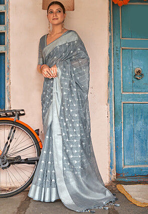 Embroidered Linen Saree in Grey