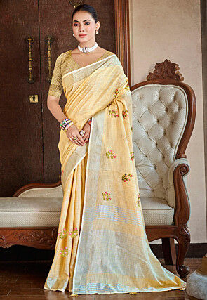 Embroidered Linen Saree in Light Beige