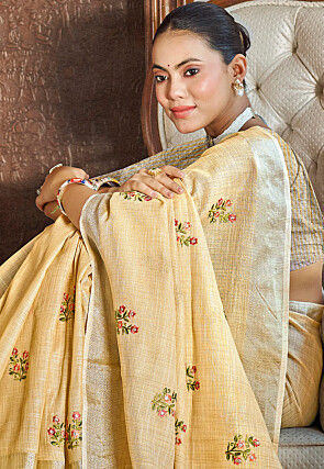 Embroidered Linen Saree in Light Beige