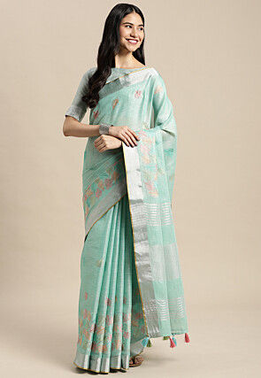 Embroidered Linen Saree in Light Blue