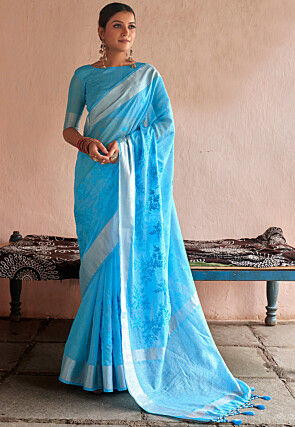 Embroidered Linen Saree in Light Blue
