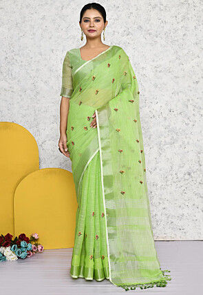 Embroidered Linen Saree in Light Green