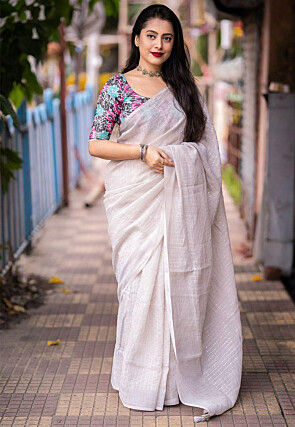 Embroidered Linen Saree in Light Grey