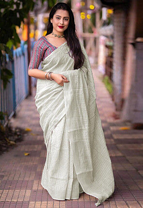 Embroidered Linen Saree in Light Grey