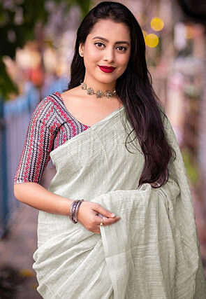 Embroidered Linen Saree in Light Grey