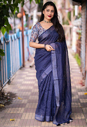 Embroidered Linen Saree in Navy Blue
