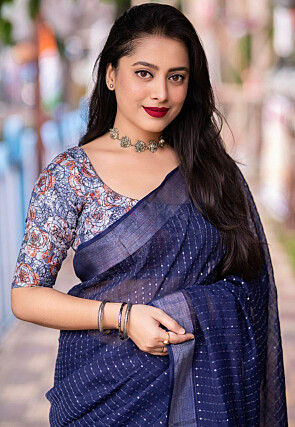 Embroidered Linen Saree in Navy Blue