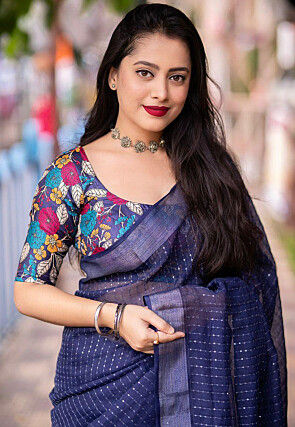 Embroidered Linen Saree in Navy Blue