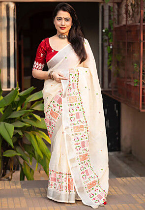 Embroidered Linen Saree in Off White