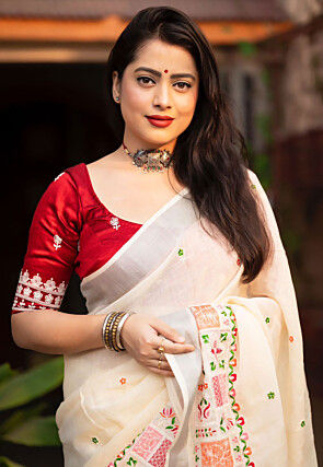 Embroidered Linen Saree in Off White