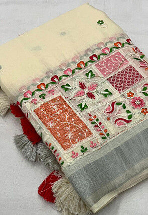 Embroidered Linen Saree in Off White
