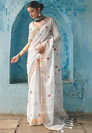 Embroidered Linen Saree in Off White
