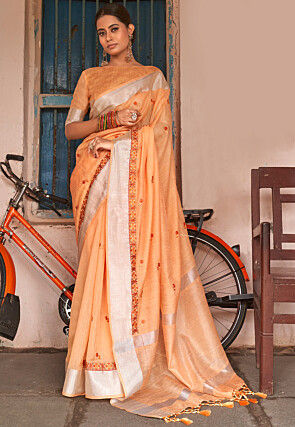 Embroidered Linen Saree in Orange