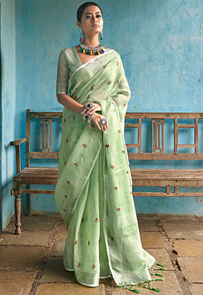 Embroidered Linen Saree in Pastel Green