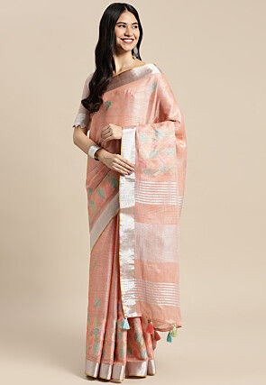 Embroidered Linen Saree in Peach