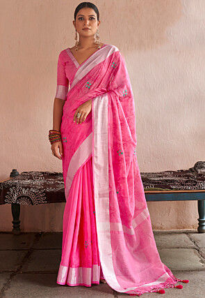 Embroidered Linen Saree in Pink
