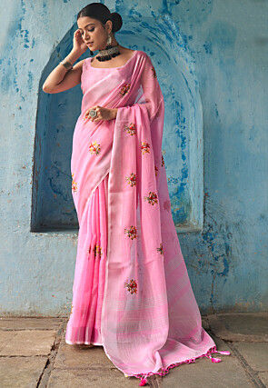 Embroidered Linen Saree in Pink