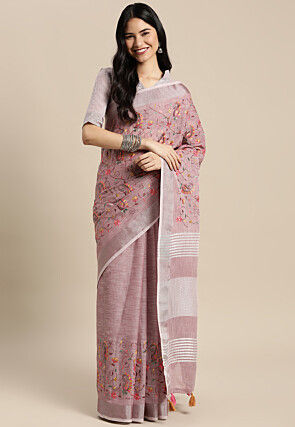 Embroidered Linen Saree in Purple